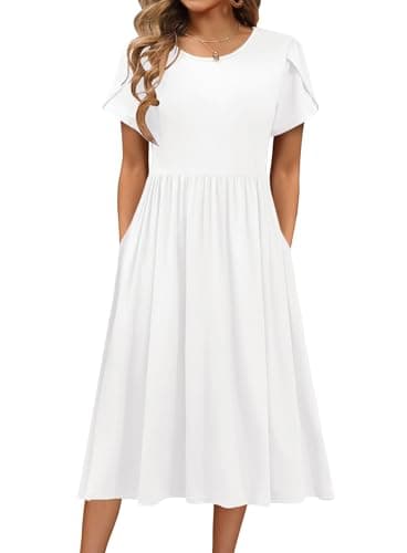 Image of HOTOUCH Dress Women Elegant Round Neck Casual Short Sleeve Dresses A Line Midi Dresses Lightweight Solid Color Beach Dress White M