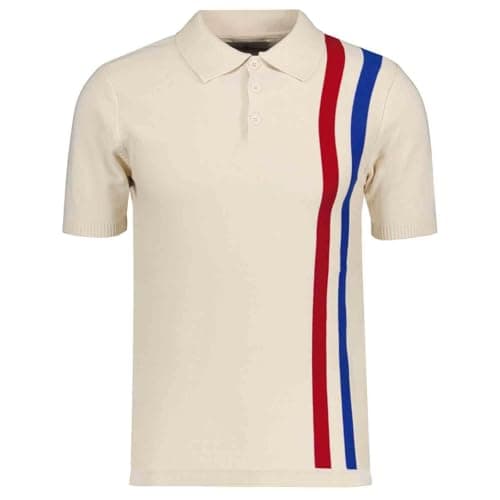 Image of Madcap England Men's Polo Shirt Retro Mod Racer Racing Stripe Knitted Short Sleeve 60s 70s Slim Fit Beck MC1037 (UK, Alpha, M, Regular, Regular, Birch)