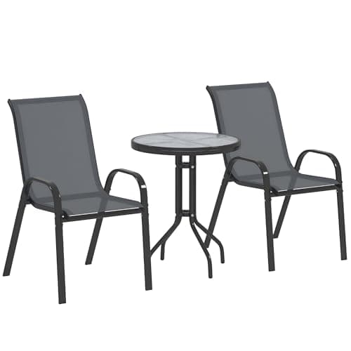 Image of Outsunny 3 Pieces Garden Dining Set, 2 Seater Garden Furniture with High Back Stackable Chairs and Round Glass Top Table, Outdoor Bistro Set for Patio, Dark Grey