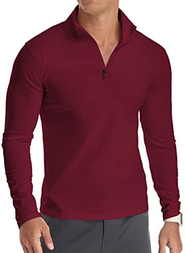 Image of KUYIGO Men's Long Sleeve Polo Shirts Quarter-Zip Casual Slim Fit Mock Neck Basic Designed Cotton Shirts XL Wine Red