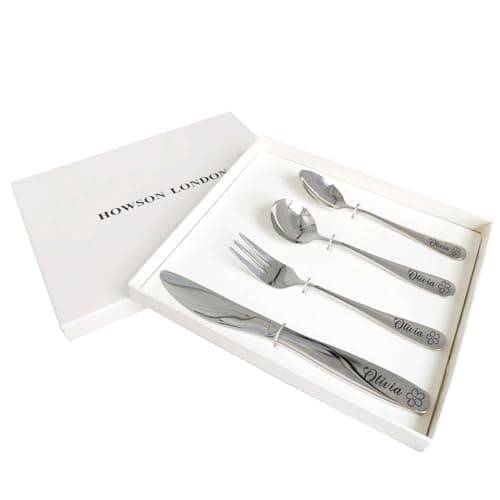 Image of Personalised Cutlery Set for Kids Childrens Toddler Cutlery Kids Cutlery Set with Any Name Custom 4pcs Engraved Knife Fork Spoon Christmas Stainless Steel Cutlery Gifts with Rabbit Bear Image(Flower)