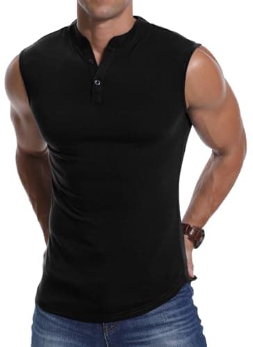 Image of KUYIGO Men's Fashion Slim Sleeveless Henley Shirt Muscle Tank Top L Black