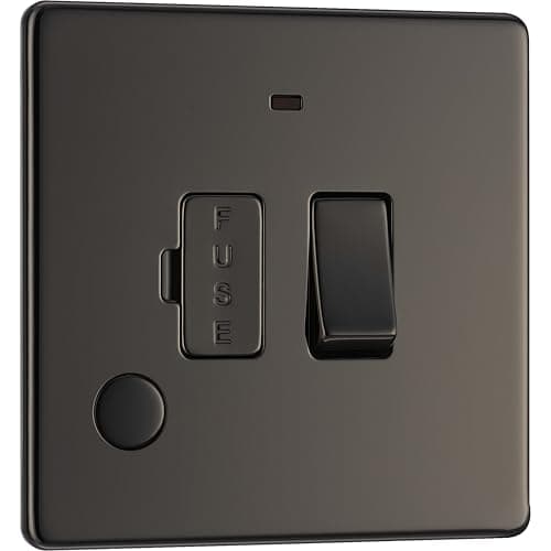 Image of BG Electrical Switched Fused Connection Unit with LED Power Indicator and Flex Outlet, Fused Spur Switch, Double Pole, Screwless Front Plate, Slim Profile, Premium Flatplate, Black Nickel, 13A, FBN53