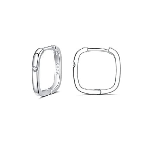 Image of Wynn's 925 Sterling Silver Hoop Earrings With Cubic Zirconia - Small Sleeper Huggie Hinged Square 12mm Hoops for Women, Ladies, Girls - Hypoallergenic