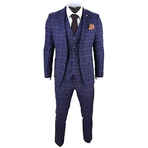 Image of Mens 3 Piece Blue Suit Herringbone Tweed Check Tailored Fit 1920s Wedding Prom