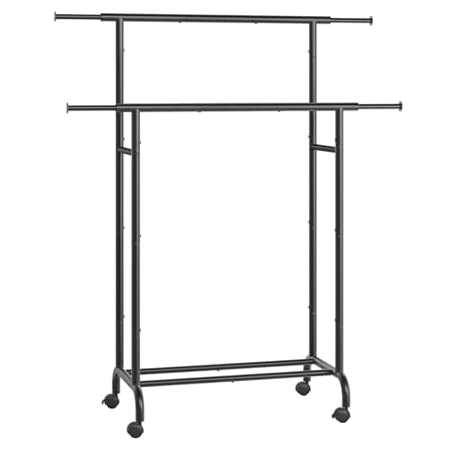 Image of SONGMICS Clothes Rail, Double Clothes Rack on Wheels, Extendable Garment Rack, Heavy-Duty Metal Frame, 80 kg Total Max. Load, 83-120 cm Wide, Ink Black HSR133B01