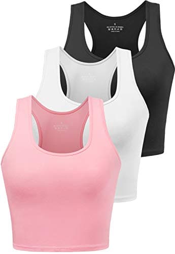 Image of BryticFlow Women's Crop Vest Top 3 Pack Cotton Gym Tops for Yoga Running Shirts Racerback Sleeveless Workout Tank Cropped Ladies Tops Black/White/Pink L