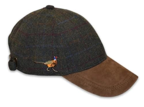 Image of PJ Powell Mens Leather Peak Tweed Baseball Cap Embroidered Countrywear Hunting and Shooting (UK, Alpha, One Size, Walking Pheasant Olive)