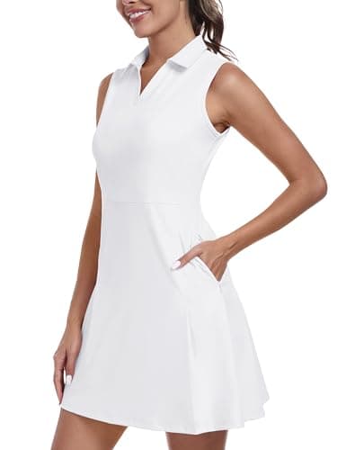 Image of MoFiz Women's Tennis Dress with Shorts V Neck Golf Dresses for Sport Gym Yoga 2 Pieces Athletic Workout Outfits White-New XL