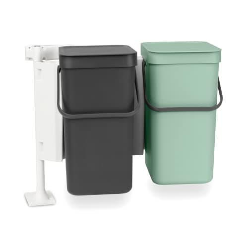 Image of Brabantia - Sort & Go Waste Bin 2x12L - Double Built-In Recycling Bin - Stay Open Lid - Carry Handle - Easy to Clean - Dual Bin for in Kitchen Cupboards - Dark Grey/Jade Green - 52 x 35 x 43 cm