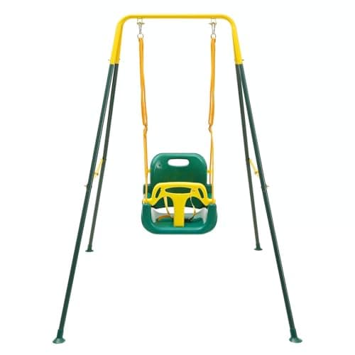 Image of FUNLIO 3-in-1 Swing Set for Toddler with 4 Sandbags, Heavy-Duty Kid Swing Set with Safety Harness, for Backyard, Indoor/Outdoor Play, Foldable Stand & Clear Instruction, Easy to Assemble&Store - Green