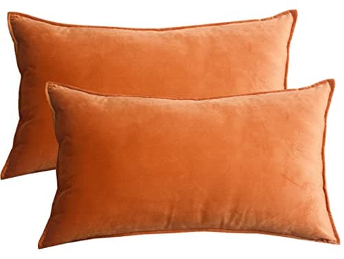 Image of Lutanky Velvet Cushion Covers 30 x 50 cm Dark Orange Decorative Rectangle Throw Pillow Cover (Pack of 2 Soft Oblong Piped Pillowcases for Sofa Bedroom with Invisible Zipper 12x20 Inch