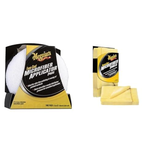 Image of Meguiar's X3080EU Even Coat 5 Inch Microfibre Reusable Applicator Pads (2 Pack) Hand Applying Compounds, Polishes And Leather Cleaners - Includes Supreme Shine Microfibre Car Cleaning Towel 3 pack