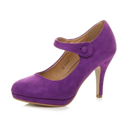 Image of Womens Ladies mid high Heel Mary Jane Strap Evening Court Shoes Pumps, 5 UK, Purple Suede