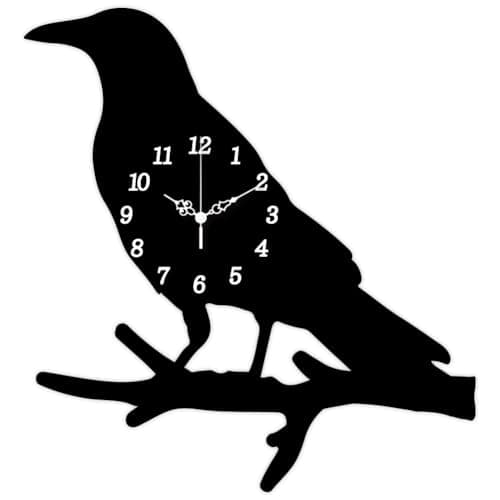 Image of CHGCRAFT Crow Standing Branch Pattern Wall Clock 13.9 Inch Wood Grain Non-Ticking Irregular Shape Clocks Wall Hanging Clock Battery Operated for Bedroom Living Room Kitchen Office