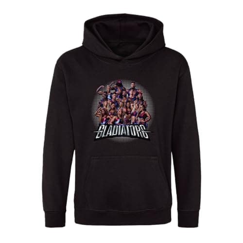 Image of SMARTYPANTS Gladiators Mixed Group Pullover Hoodie - Retro TV Show Sports Fan Comfortable Comfy Nostalgia-Inspired Apparel Graphic Hoodie Bold Fun Tele Show Present Gift (3XL, Black)