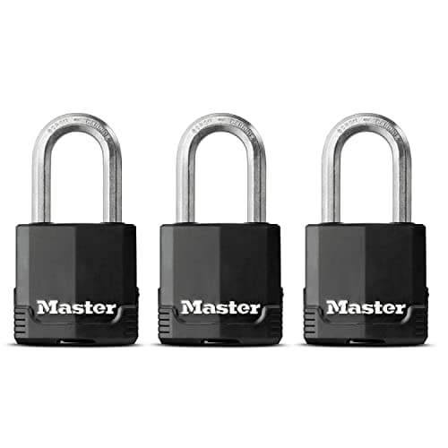 Image of MASTER LOCK Pack of 3 Heavy Duty Padlocks, Security Level 8/10, Outdoor, Keyed, Covered Laminated Steel, Weatherproof, Medium Shackle