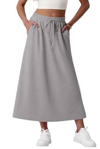 Image of GRECERELLE Women's Skirts with Pockets Elasticated Waist Midi Skirt A-Line Summer Casual Maxi Skirt Long Skirts for Women UK (Light Gray, L)