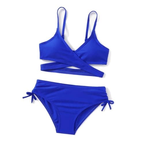 Image of Girls Two Piece with Tropical Print UPF 50 Sun Protection, High Waist Bottoms, Cute Beachwear #D Blue