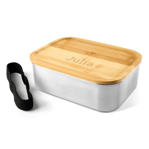 Image of Personalised Engraved Lunch Box - Personalised Stainless Steel Lunchbox with Bamboo Lid Engraved with the Name or Text of Your Choice, FSC-certified Bamboo, Laser Engraving