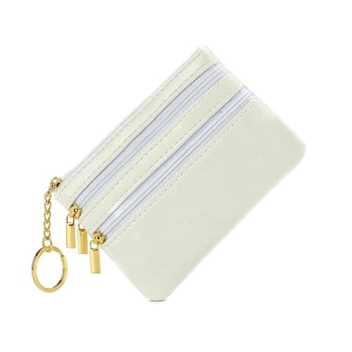 Image of 4 Zip Compartments Small Coin Purse for Women Cards Holder Money Notes Wallet with Keyring - White