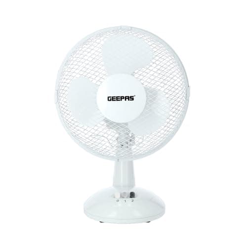 Image of GEEPAS 9" Table Fan | Electric Portable Worktop Desk Fan with 2 Speeds 3 Blades, Adjustable Tilt Wide Angled Oscillation | Powerful Low Noise Airflow for Home Office | 1 Year Warranty, White 22W