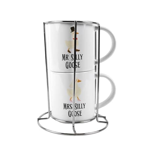 Image of Purely Home Mr & Mrs Stacking Mugs Set - Silly Goose Novelty Gifts for Couples Ceramic Cups Set of 2 with Metal Stand