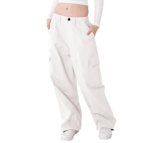 Image of Rolanko Girls Cargo Trousers, Elasticated Waist Cotton Baggy Pants with Multi Pockets for 6-15 Years Kids, White, Size: 150