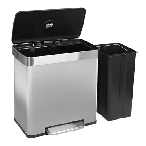 Image of Harbour Housewares 60L Double Kitchen Pedal Bin – 2 x 30L Brushed Stainless Steel Recycling Waste Bin with Soft Close Lids, Dual Compartments & Removable Inner Buckets for Home & Office