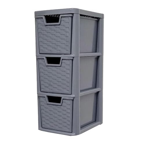 Image of SIDSONS 3 Drawer Small Storage Unit Tower Rattan Effect Grey for Home, Office, Garage, and Study Room Bedroom Bathroom Kitchen | Compact & Convenient Organizer for Small Items (H) 48cm (D)25cm (W)19cm