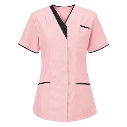 Image of Medical Scrub Tops For Women Uk V Neck Nurses Tunics Private Health Care Hospital Work Wear Short Sleeve Blouse Clinic Carer Utility Uniform with Pockets (UK, Alpha, L, Regular, Regular, 02 Pink)