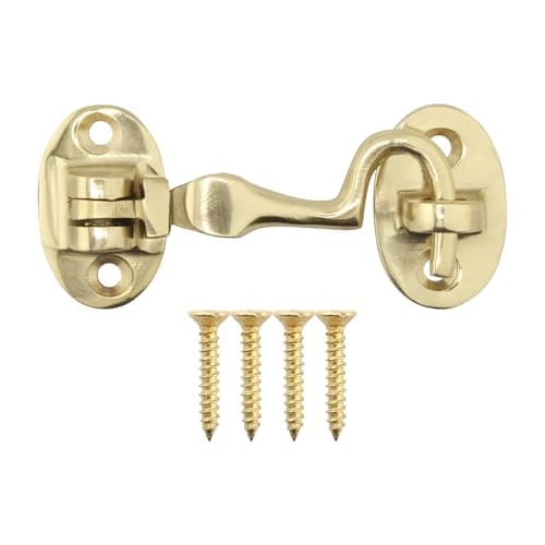 Image of EAI Cabin Hook and Eye Latch | Heavy Duty 50mm / 2 Inch Silent Polished Brass Hook and Eye Latch | 1 Pack with Fixings