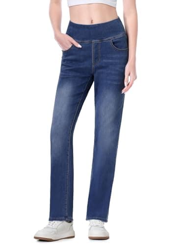Image of Chasehot Pull on Jeans for Women, High Waisted Stretchy Trendy Straight Bootcut Elastic Waist Tummy Control Tapered Denim Jeggings Dark Indio Wash-XL