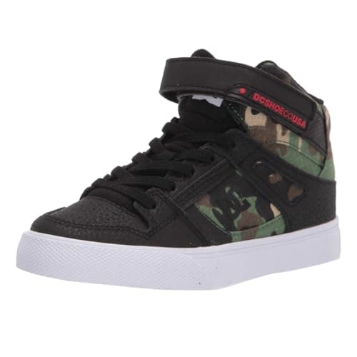 Image of DC Boy's Pure High Top EV Skate Shoes with Ankle Strap and Elastic Laces, Black Camo, 6.5 Big Kid