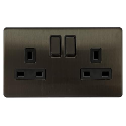 Image of EVOGES Terra 2 Gang 13A Double Pole Switched Socket – Decorative Wall Power Outlet, Twin Plug Socket, Fits Standard UK Back Boxes, UK Wiring Accessories (Slate Bronze)
