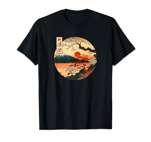 Image of Japanese Red Sunset and mountain Asian Fuji Kanji Japan art T-Shirt