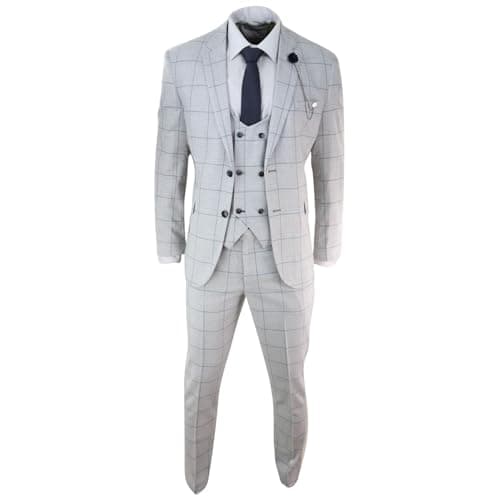 Image of Mens Light Grey Check 3 Piece Suit Double Breasted Waoistcoat Tailored Fit