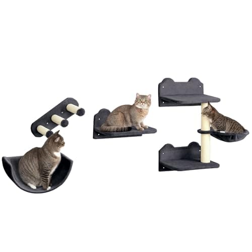 Image of PawHut 4PCs Wall Mounted Cat Tree Cat Wall Shelves W/Scratching Post Dark Grey