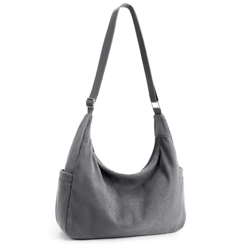 Image of KALIDI Corduroy Tote Bag for Women Large Capacity Shoulder Bag with Zip and Pockets Compartments Waterproof for College School Work Travel Shopping Grey