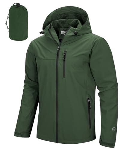 Image of Outdoor Ventures Men's Lightweight Waterproof Jacket Windproof Rain Coats Pack Away Hooded Jackets Windbreaker for Camping Fishing Running Olive Green/Black 2XL