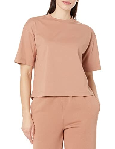 Image of Amazon Essentials Women's Organic Cotton Drop-Shoulder Relaxed Boxy Short-Sleeved T-Shirt (Available in Plus Size), Light Brown, M