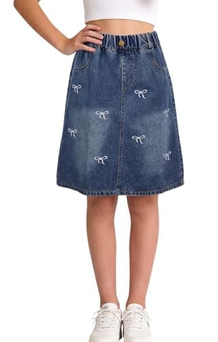 Image of SEAUR Jean Skirt for Kids Girls A-Line Blue Bow Denim Skirt Elasticated Waist Knee Length with Pockets Summer 10-11 Years