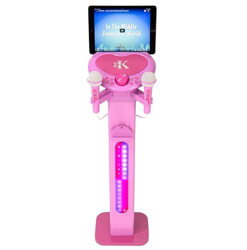 Image of Easy Karaoke Kids Singalong Pedestal Karaoke Machine with Record & Playback, 2 Bluetooth microphones, Echo and Vocal Effects, Free HD Karaoke Songs via EK Smart App - Pink