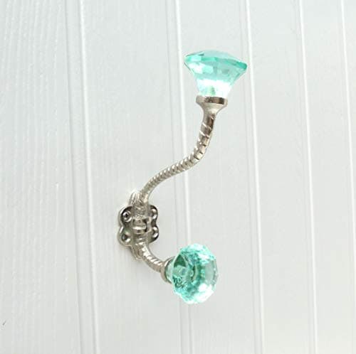 Image of Brise de mer Vintage Antique Style Shabby Chic Cast Iron Metal Wall Hooks Coat Rack - A Choice of Colours! (Vintage Light Jade Green Glass Facet Hook)