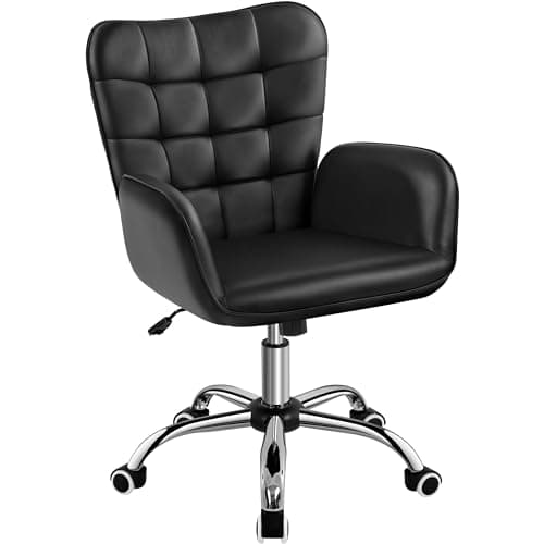 Image of Yaheetech Modern Mid-back Faux Leather Office Chair Ergonomic Makeup Vanity Chair w/Wide Seat, Padded Armrests for Living Room, Bedroom, Study Black