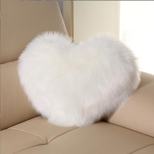 Image of OUKEYI Faux Bunny Fur Decorative Pillow Heart Throw Pillow with Pillow Cover and Insert, Shaggy Faux Fur,Valentines Day,Mothers Day (White, Heart Shape-15.7X19.7Inches)