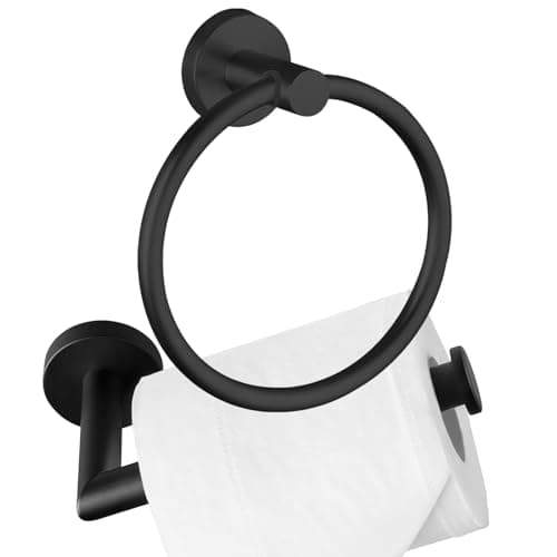 Image of Towel Ring & Toilet Paper Holder, 2 Piece Bathroom Hardware Set Stainless Steel SUS304, Hand Towel Hanger & Toilet Roll Holder, Sturdy Bathroom Accessories for Home or Kitchen Black