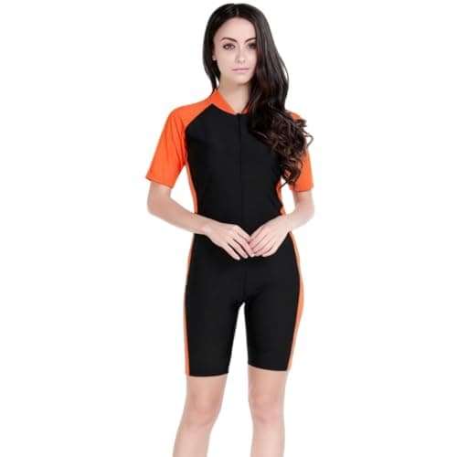 Image of YEESAM One Piece Swimsuit for Women Girls Short Sleeved Zip Front Rash Guard Surfing Swimsuits Beachwear Modest Swimming Costumes Legsuit Swimwear (UK, Alpha, XL, Regular, Regular, Orange)