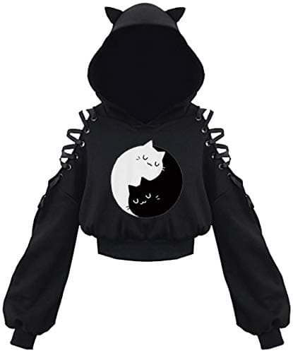 Image of PANOZON Women's Cute Cat Ear Hoodies Crop Top Off Shoulder Hollow Out Long Sleeve Black Punk Y2K Gothic Sweatshirts Black White Cat M