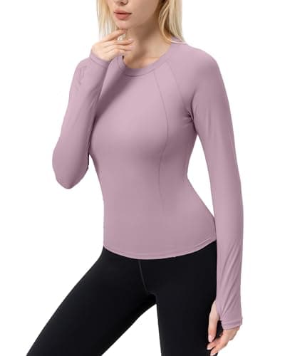 Image of POIHIDE Long Sleeve Sports Tops Shirts UPF 50+ Workout Running Outdoor Exercise Gym Compression T Shirts with Thumb Hole Ladies Yoga Fitness Clothes Activewear Pink
